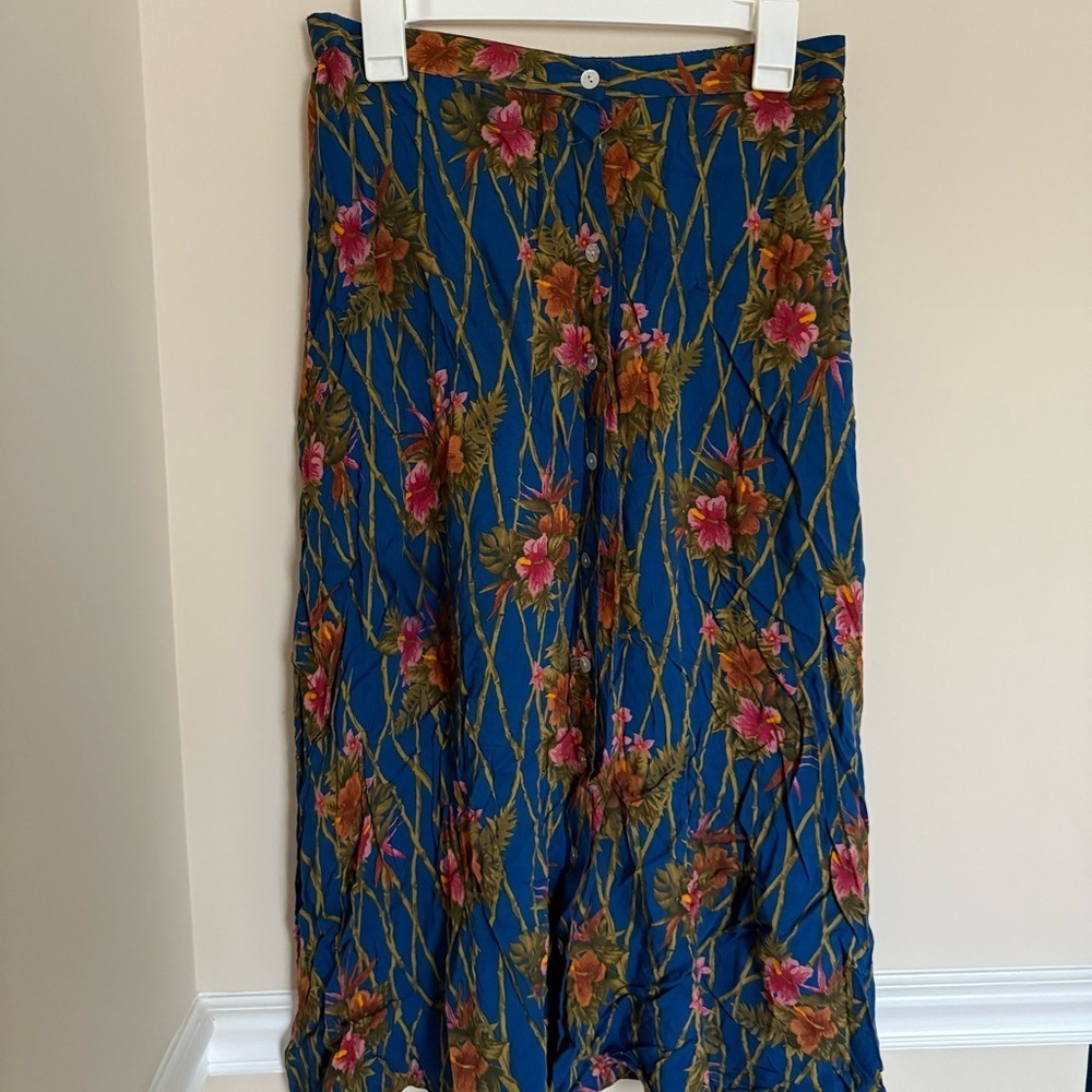 Y2K Karen Scott Blue Hawaiian Floral Tropical Flowy 100% Rayon Maxi Skirt Sz L - Picture 3 of 10